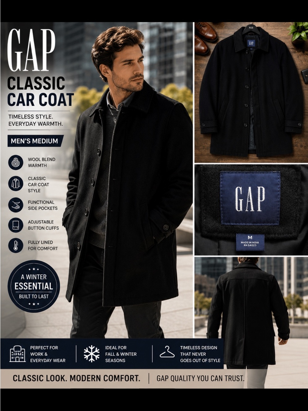 GAP Men's Black Wool-Blend Car Coat